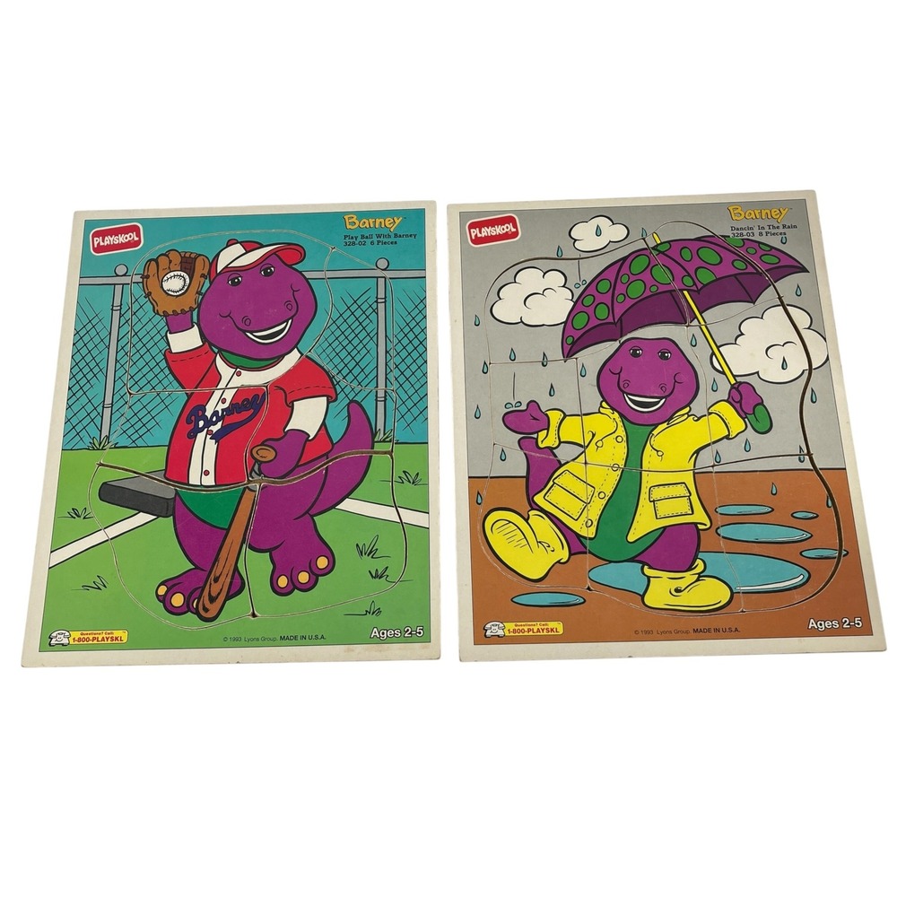 Vintage 1993 Playskool Barney The Dinosaur Wood Tray Puzzles Baseball Rain Lot 2